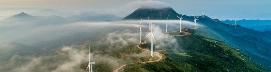 The wind field of the mountain ridge. High angle aerial photography.