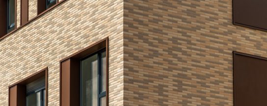 Cité internationale de l'université de Toulouse construite avec des plaquettes lisses ton pierre - beige et champagne