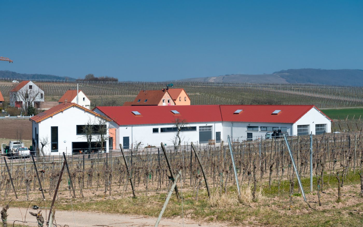 Domaine viticole Anstotz et Fils Balbronn (67) Architecte : Les pieds sur terre Sophie Bernold, Maitre d'oeuvre : Steve Fertig, Produits : Briques de structure Porotherm Monomur R37 et tuiles Koramic Tradi 12, Photographe : Grégory Tachet