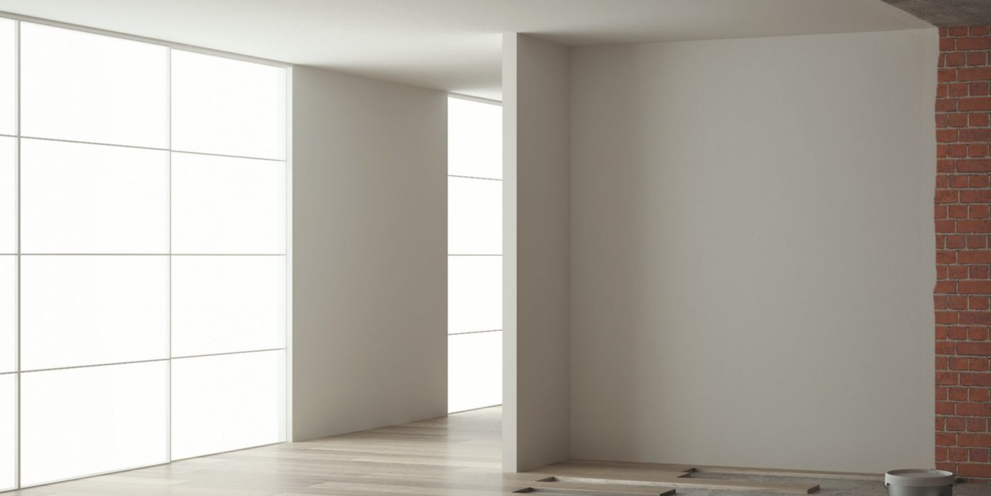 Home renovation, restructuring process, repair and wall painting, construction concept. Brick and painted walls, parquet floor, walls laying and covering, architecture interior design