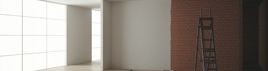 Home renovation, restructuring process, repair and wall painting, construction concept. Brick and painted walls, parquet floor, walls laying and covering, architecture interior design