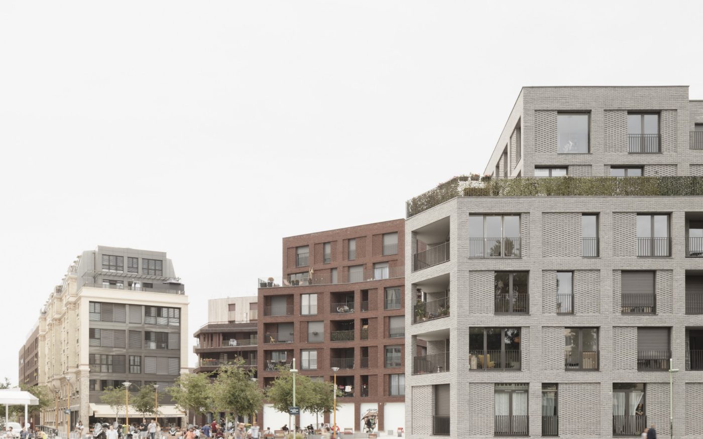 Logements collectifs rue Dnaton à Pantin avec la brique Classo Blauw-rood Genuanceerd, Agora gris titane et gris argenté