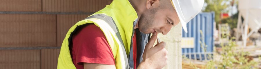 Construction worker working with tablet placed on blueprint in building shell