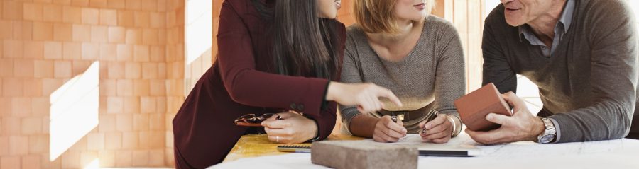 Group of people talking about their choice of building materials in unfinished building