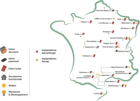 Carte des usines, siège et bureaux wienerberger France