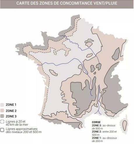 Carte zones de concomitance vent/pluie
