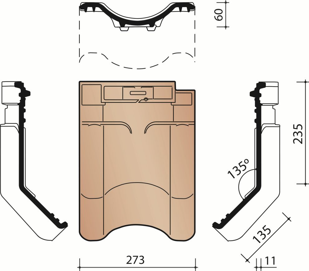 Technical drawing VHV Vario articulated rooftile with double wel