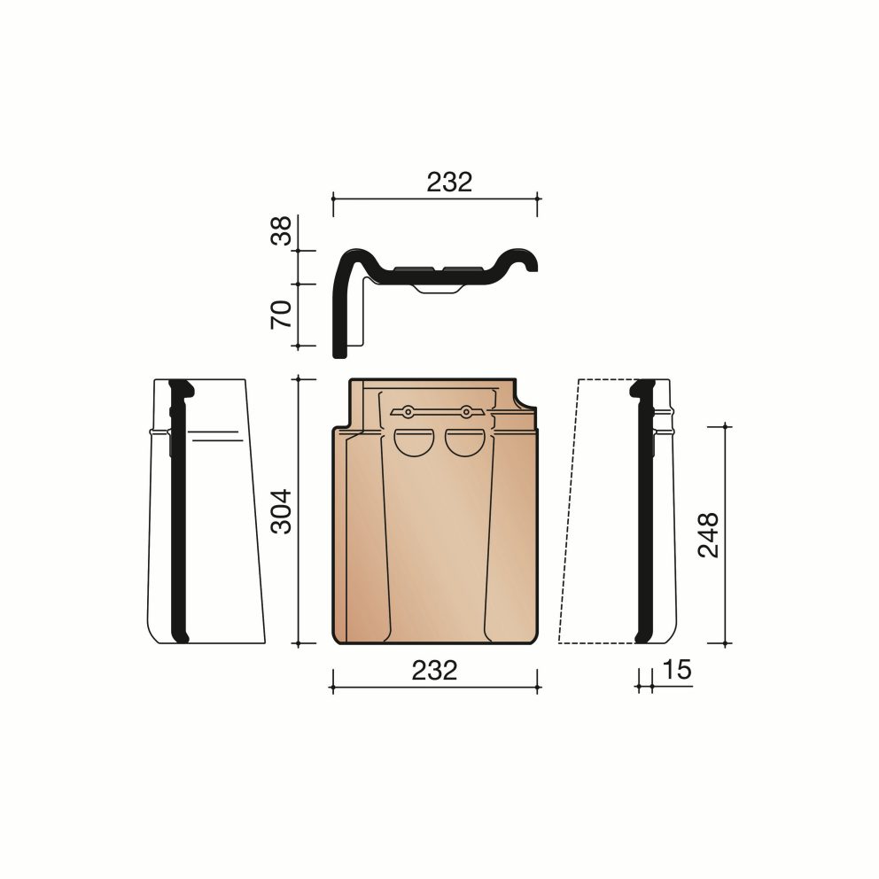 Technical drawing of the Tuile du nord 44 linker gevelpan