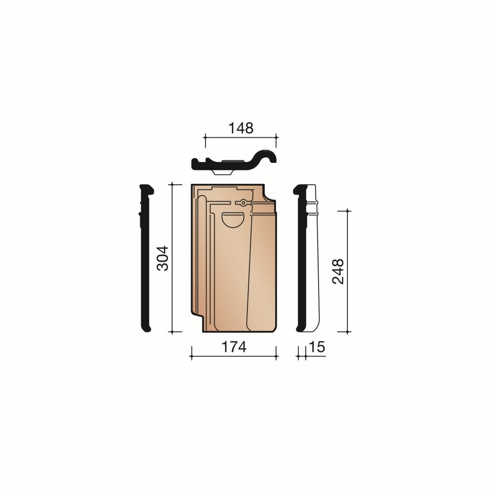 Technical drawing of the Tuile du nord 44 driekwart pan