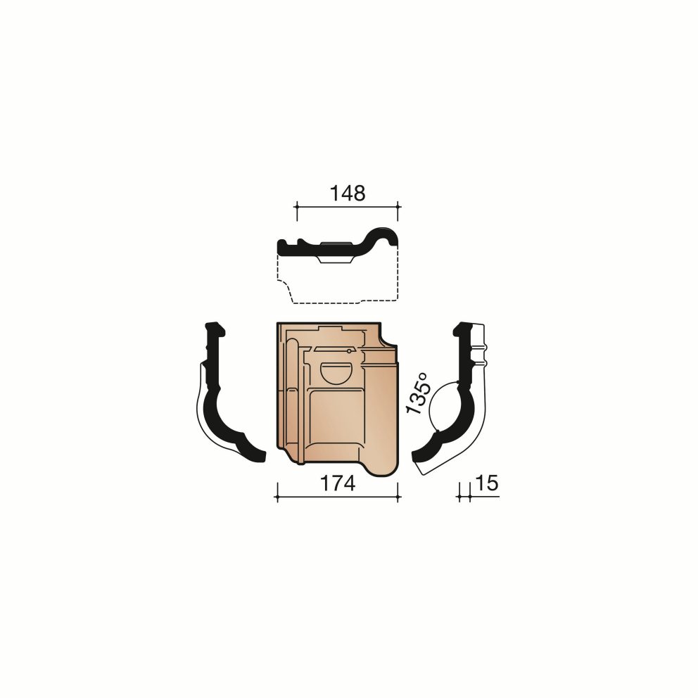 Technical drawing of the Tuile du nord 44 driekwart knipan
